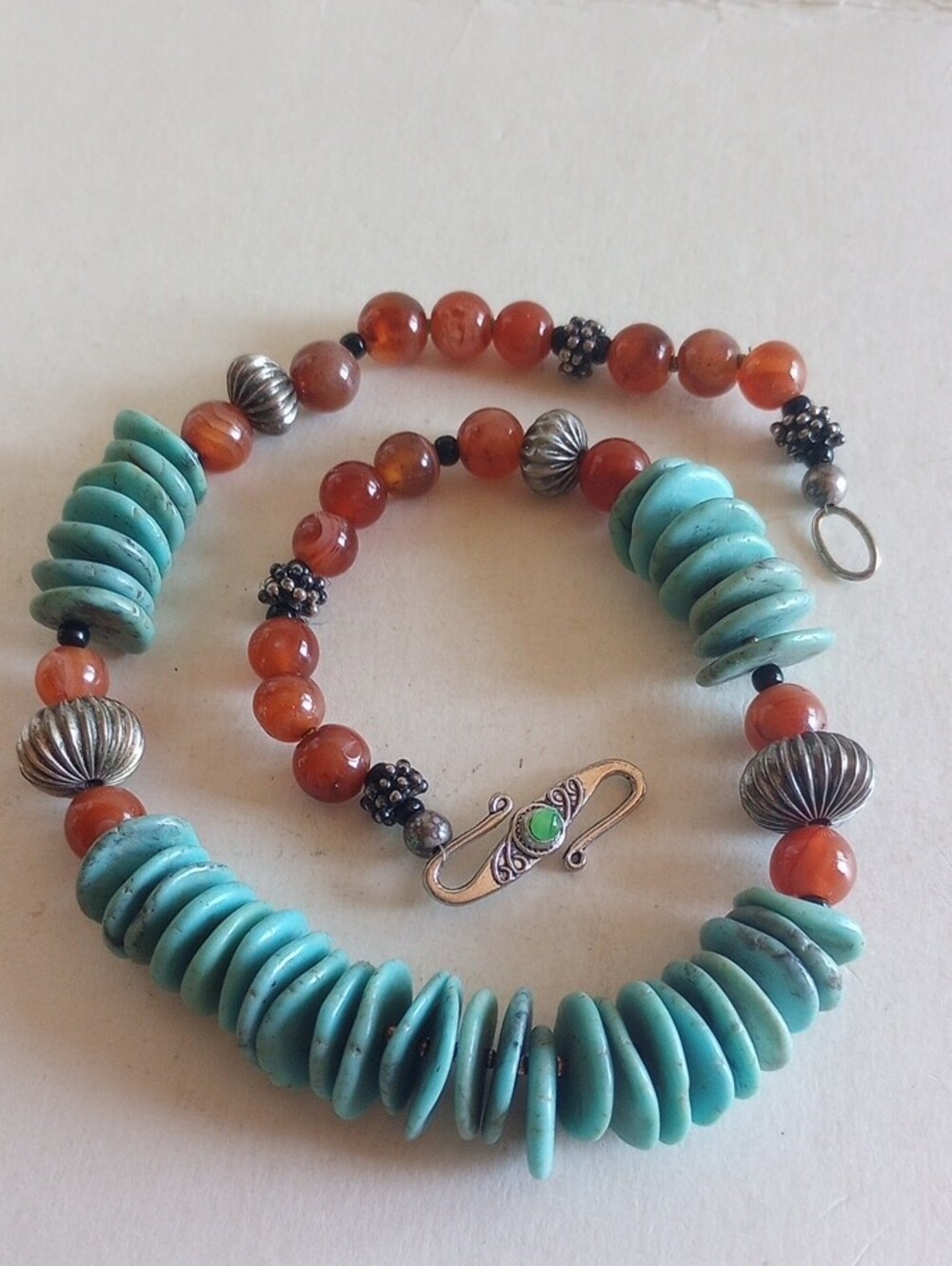 Natural Green Turquoise Stones Disk & Carnelian Bead Statement Necklace
